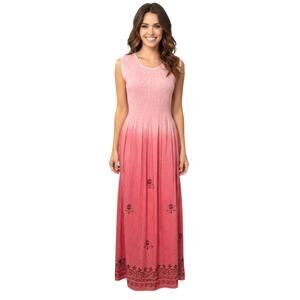 Pink Smocked Sun Dress Soutache Applique Maxi Beach Cover Up Resort Dip Dye